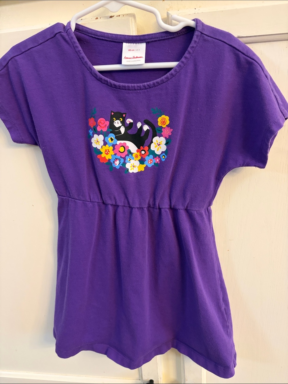 Hanna Andersson Purple Short Sleeve Dress with Black Cat & Floral Graphic US 3